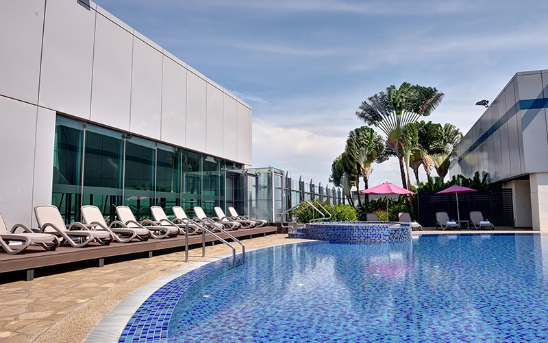 The swimming pool at Changi Airport’s Aerotel Airport Transit Hotel